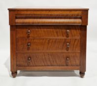 Victorian mahogany and flamed mahogany chest, the rectangular top over a cushion drawer and three