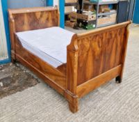 French-style walnut single sleigh bed frame, with scrolling top rails and plain panel headboard