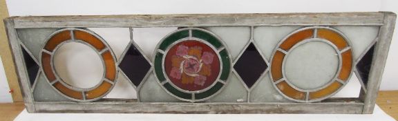 19th / early 20th century stained leaded glass panel, comprising three circular panels, the