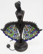 Bronzed resin table lamp by Crosa in the Tiffany Art Nouveau style in the form of a figure holding