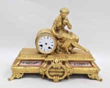Late 19th century French gilt metal and porcelain mantel clock, the circular enamel dial with