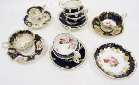 Group of  early 19th century English blue ground porcelain tea wares, variously painted with