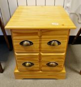 Modern pine small chest of two drawers, each drawer formed as two short faux drawers with metal