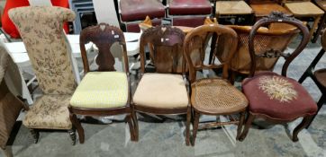 Collection of five chairs including a pair of 19th century mahogany dining chairs, the carved top