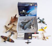 Collection of ten Dinky diecast airplanes including Spitfire MKII, Phantom II, Beechcraft C55 Baron,