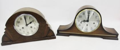 Art Deco mantel clock, the domed oak case with sunburst design, the silvered dial with two winding