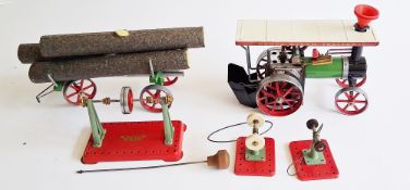 Mamod TE1A live steam tractor together with trailer carrying logs, Mamod line shaft, Mamod