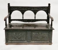 Victorian dark oak hall bench in the 17th century manner, the back with three pierced arches and