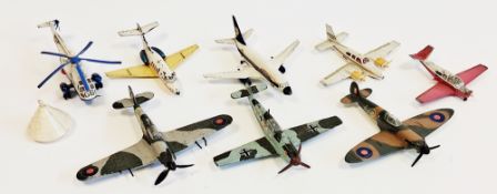 Eight playworn Dinky Toys airplanes and helicopters to include Hawker Hurricane MK II c,