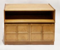 Mid-century Nathan Squares pattern side cabinet comprising a shelf over two panel cupboard doors,