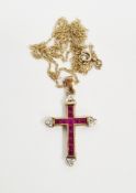 9ct yellow gold cross pendant with twelve channel set square cut rubies and four illusion set