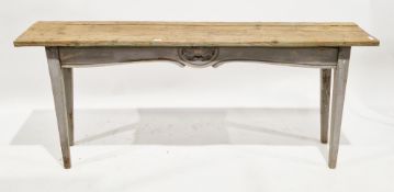 19th century rustic pine hall/console table, the long plank rectangular top over a carved shaped