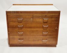 Mid-century Remploy teak military chest, the rectangular top with short back upstand and formica