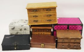 Collection of seven empty jewellery boxes including three wooden examples and another marked '