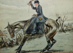 E.M (late 19th/early 20th century) Watercolour drawing Comical hunting scene with female rider on