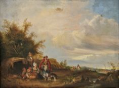 19th century English pastoral school Oil on canvas River landscape with encampment of family
