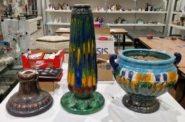 Late 19th century continental majolica jardiniere and stand, the globular gadrooned moulded