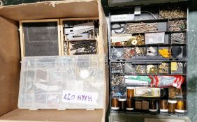 Various plastic boxes containing modelling parts, washer and nut sets, wall plugs, screws, etc