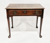 18th century oak side table, the rectangular top with thumb-moulded edge over a single drawer with