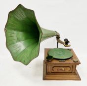 Early 20th century His Majesty Voice ( HMV ) oak cased table top wind-up gramophone with green