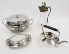 Mixed lot of silver plate and metalware including spirit kettle on stand, warmer, toast rack, lidded