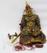 Burmese marionette puppet in the form of a warrior, the carved wooden head with a gold and red