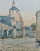Unattributed Watercolour drawing Continental town square with church, 28.5cm x 22.5cm