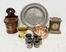 Mixed lot of metalware and collectables including a wooden wall hanging salt box, 25cm high, five