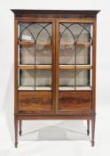 Sheriton Revival mahogany display cabinet having satinwood and ebony inlay, the moulded cornice over