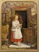 19th century Unattributed  Oil on canvas Girl standing at cottage door, 39.5cm x 29cm