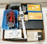 Collection of engineer's measuring instruments including three digital vernier callipers, inside