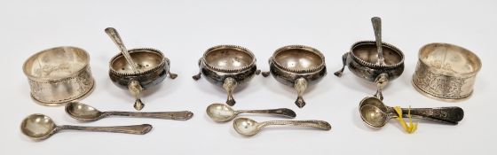 Set of four Victorian silver salts with three matching silver salt spoons, London 1872, Mappin &
