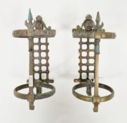 Pair 20th century brass finish wall mounting lantern holders, with partially painted knight finials,