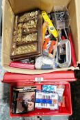 Box of mixed tools and accessories including hack saws, screwdrivers, precision blade set, modelling