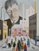 JLD  Oil on canvas  Lowry-style representation of figures in industrial streets, surveyed by Lowry-