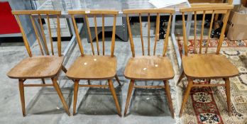 Set of four mid-century Ercol pale elm and beech dining chairs, model 391, with stick backs, 79cm