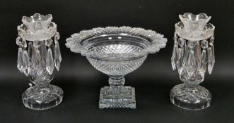 19th century cut glass footed bowl, the flared rim cut with fans above hobnail, on faceted