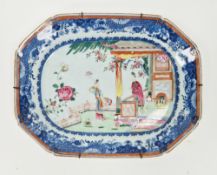 Chinese export famille rose shaped rectangular serving dish, late 18th century, painted with two