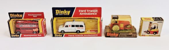 Four boxed Dinky Toys diecast model vehicles to include 404 Conveyancer fork lift truck, 279