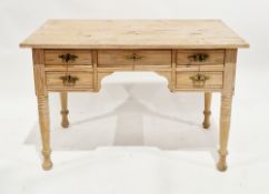 Victorian stripped pine kneehole writing desk, the rectangular top over an arrangement of five