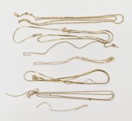 Two 9k yellow gold snake link necklaces, 38cm long, 14k yellow gold fine chain, 45cm long and two