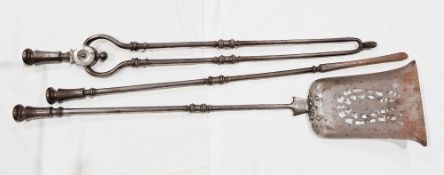 Set of three 19th century steel fire irons viz:- pair tongs, poker and shovel with pierced and