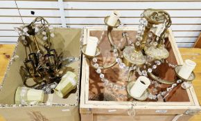 Mid-20th gilt brass five-branch electrolier in the rococo manner with strings of prismatic glass