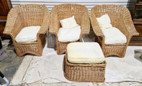 Set of three wicker conservatory tub armchairs with loose cushion seats, 89cm high x 85cm wide x
