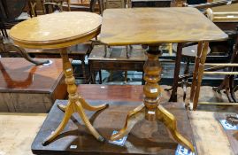 Early 19th century mahogany table, the square tilt-top on a turned baluster column and three splayed
