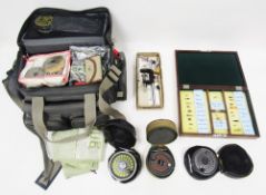 Collection of fishing equipment including Intrepid Gearfly reel in Hardy case, Leda Dragonfly