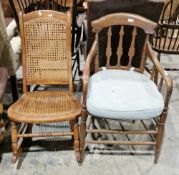 19th century mahogany elbow chair with cane seat, turned supports and double turned stretchers, 90cm