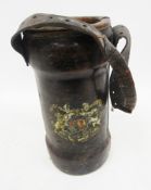 Early 20th century British Naval leather cordite carrier, decorated with the Royal coat of arms,