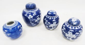 Four Chinese porcelain blue and white ginger jars and three covers, Qing Dynasty, comprising one