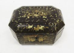 19th century Chinese export black lacquered tea caddy of octagonal form, with gilt chinoiserie